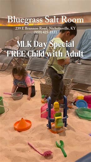 Bluegrass Salt Room on Instagram: "Where wellness feels like play✨ This MLK Day at Bluegrass Salt Room: 1 child FREE with each adult session! A calm, fun space for kids + gentle support for little lungs. 📍 Nicholasville, KY 📞 (859) 425-1111 Spots are limited — come breathe and relax with us 🤍 @bluegrass.saltroom #bluegrasssaltroom #halotherapy #holistichealing #wellnessforkids #salttherapy #selfcare #saltroom #mlkday"