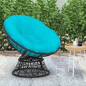 ABBLE 360°Swivel Wicker Outdoor Indoor Papasan Chair with Aqua Cushion, Swivel Patio Chair with Black Metal Frame for Garden, Patio, Living Room