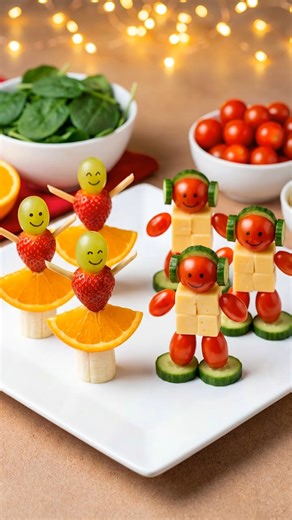 There’s nothing better than seeing your grandkids smile at snack time. 💛 These sweet and savory fruit friends are the cutest little surprise for after school, weekend visits, or grandma sleepovers. You only need simple ingredients: 🍌 Banana slices 🍊 Orange slices 🍓 Strawberries 🍇 Green grapes 🧀 Cheese cubes 🍅 Cherry tomatoes 🥒 Cucumber slices (Toothpicks optional for assembling) Quick steps: • Slice fruit and veggies • Stack banana orange for the “skirts” • Add strawberry bodies and grap