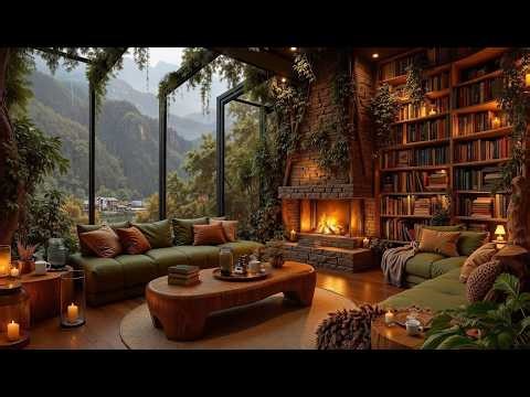 Rainlit Atrium Library Jazz with Hanging Lanterns | Bibliophile Haven, Deep Focus & Reading Calm