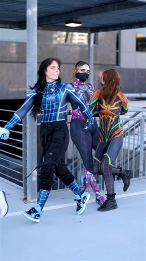 45K views · 2K reactions | Our spidersonas! ️️ in order: Athena @prototype.fox Jackie O Halcybella ✨ The suit designs were commissioned through @WebWarriorsWorkshop ✍️ #spiderverse #spidersona #spidergirl #spiderman #cosplay #spiderversecosplay #spidermancosplay #occosplay | Raine Emery | Facebook