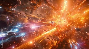 Fiery space cataclysm emitting waves of golden light