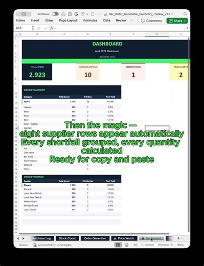 Bar Order Generator + Inventory Tracker — Excel for Bar Managers