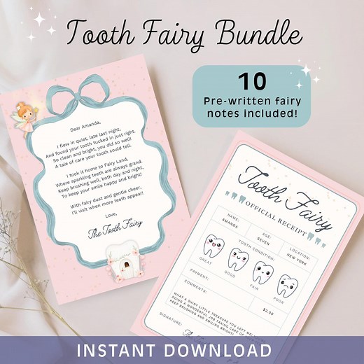 Tooth Fairy Letter and Receipt Printable Kit With Envelope Template and 10 Prewritten Notes Editable Last Minute Tooth Fairy Idea for Kids - Etsy