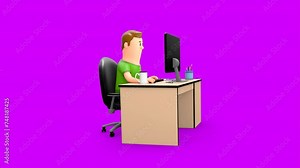 3D Animated Man Concentrated Working On a Personal Computer. Boy Doing Freelancing or Part Time Job on Desktop PC.
