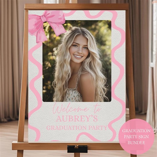 Graduation Party Sign Bundle, Editable Canva Graduation Decor, Welcome Sign, Gift Table, Card Box, Photo Station, Pink Bow Welcome Sign - Etsy