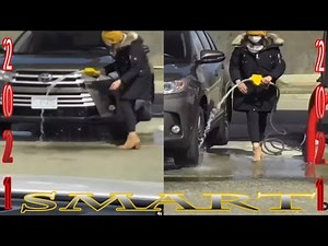A Woman Washing Her Car at The Gas Station