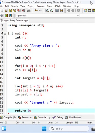 🔢 C Project: Find the Largest Array Element 💻 Build a program that stores multiple numbers in an array and searches through them to identify the largest value. A great project for practicing arrays, loops, comparisons, and variables. 🚀