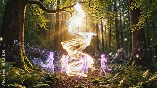 Enchanting Forest Fairies Dancing Around Magical Glowing Energy Spiral Tree