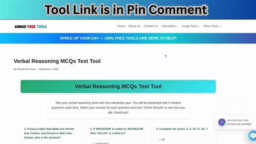 https://ahmadfreetools.com/verbal-reasoning-mcqs-test-tool/ Want to improve your logical thinking and verbal reasoning skills fast? In this video, I’ll show you how to use the Verbal Reasoning MCQs Test Tool by Ahmad Free Tools. You’ll get practice questions on analogies, inference, vocabulary, reading passages and other verbal reasoning topics. ✔️ Sample MCQs with explanations ✔️ Tips to improve speed & accuracy ✔️ How to practice daily & track mistakes ✔️ Free to use, instant feedback, no sign
