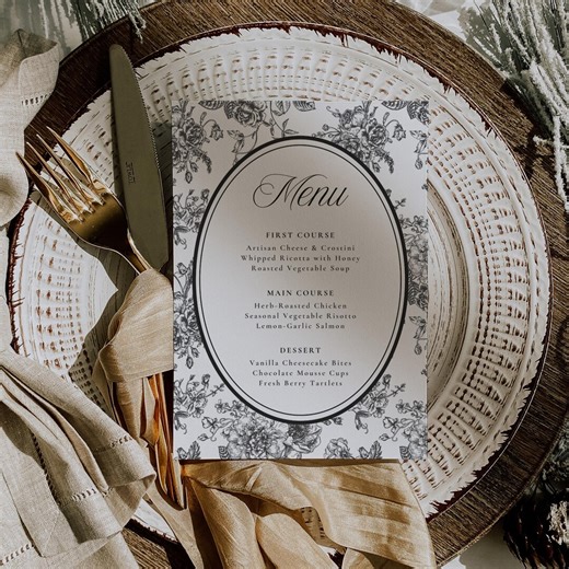Black Toile Wedding Menu Template Editable Canva Elegant Menu Card Bridal Shower Reception Dinner Printable French Decor - Etsy