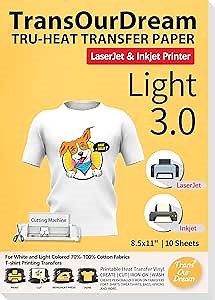 TransOurDream Heat Transfer Paper for Inkjet & Laserjet Printer (10 Sheets 8.5x11", Light 3.0) Printable HTV Heat Transfer Vinyl for T Shirts Iron on Transfers Paper for Light Fabric
