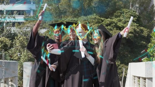 4 grads with pink phone on bridge taking selfie, celebrating grad with diplomas under neon overlay