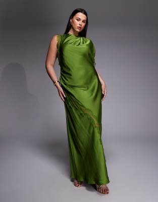 Forever New Curve satin and lace asymmetric shoulder maxi dress in green | ASOS
