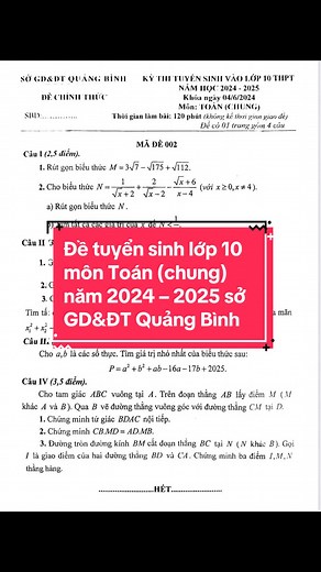 Đề thi tuyển sinh lớp 10 môn Toán 2024 – 2025 tại Quảng Bình