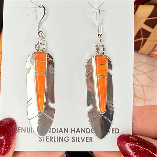 Navajo SPINY OYSTER FEATHER Earrings in Sterling Silver: Handmade by Native American Artisan - Etsy