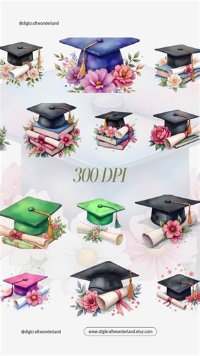 Floral Graduation Cap With Diploma Clipart Bundle Watercolor Floral Graduation Hat PNG Student Clipart School Graduation Classroom Material - Etsy