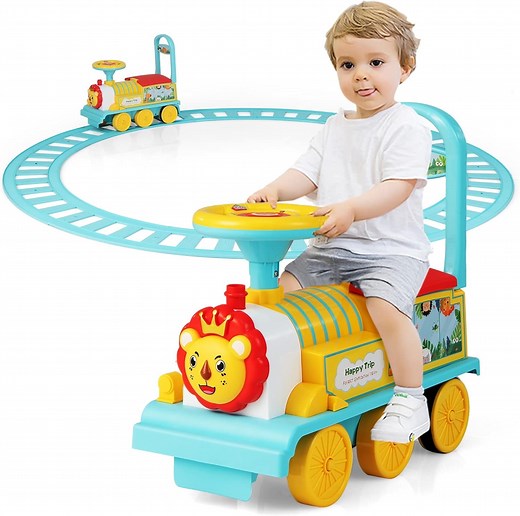 OLAKIDS Kids Ride On Train with Track, 6V Electric Toy with Lights and Sounds, Retractable Footrest, Under Seat Storage, Christmas Theme Battery Powered Gift for Toddlers Boys Girls (Lion)