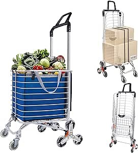 Leadallway 50L Large Capacity Wheeled Shopping Cart with Sturdy Metal Construction, Blue, Folding, 14.57" x 14.96" x 14.96" Basket, 88lbs Maximum Load