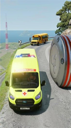 Cars & Ambulance Van vs Giant Pit Bollards Crash - BeamNG.drive