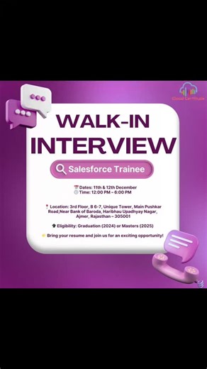 Salesforce Jungle on Instagram: "Walk-In Interview | Salesforce Developer Trainee Position: Salesforce Developer Trainee 📅 Walk-In Dates: 11th & 12th December 2025 Documents to Carry: Updated Resume ID Proof Educational Certificates #Salesforce #SalesforceDeveloper #SalesforceTrainee #WalkInInterview #HiringNow #TechJobs #FreshersJobs #Apex #LWC #SalesforceCareers #JobAlert #ITJobs #salesforcejungle"