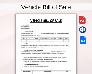 Vehicle Bill of Sale Template. Printable Car Sale Form. Bill of Sale Form Agreement. Motor Vehicle Sale Contract. PDF, Word Instant Download - Etsy
