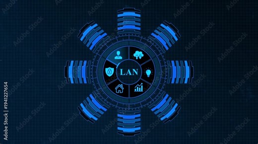 Local Area Network L A N Concept with Cloud Computing Security on Dark Background with Blue Grid and Radiating Bars