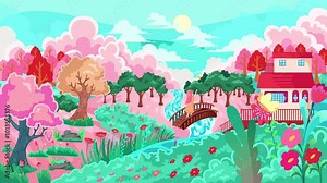 spring season 2D animation illustration of trees, river, cute little house, flowers, butterfly in 4K Ultra HD 1080p live wallpaper suitable for all desktop and web