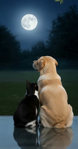 Cat & Dog Watching the Moon Together 🌙❤️🐾