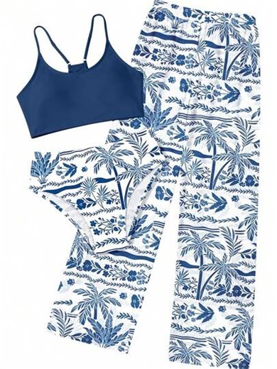 Girls 3 Piece Bikini Swimsuit Tropical Floral Bathing Suit With Cover Up Pants For 7-16Y | SHEIN