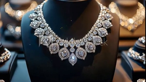 Jewelry display with diamond necklace and other pieces in a store setting at daytime
