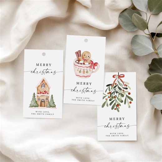 Merry Christmas Gift Tags, Printable Christmas Gift Tag, Holiday Party Favor Tag, Editable Xmas Treat Tag, Canva Template - Etsy