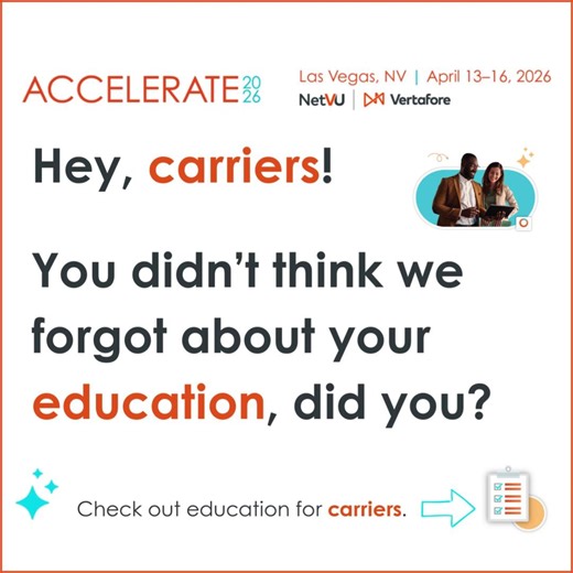 Carriers, listen up! 📣​ Your Accelerate 2026 education lineup is packed with sessions designed specifically to help carriers like you innovate, connect, and operate more efficiently.​ This year’s carrier education sessions focus on practical, real-world value, including:​ 🔸Vision & innovation: Explore product roadmaps, AI-driven innovation, and evolving compliance trends shaping the modern carrier experience.​ 🔸 Connectivity & collaboration: Learn how stronger agent–carrier integration, digit