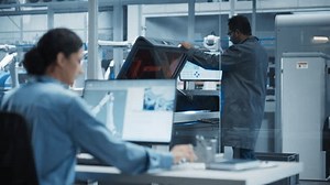 Hispanic Female Automation Engineer Using Desktop Computer to Control Automated Production With Robotic Arms On Electronics Factory, While Indian Assembly Line Worker Using Solder Jet Printer.
