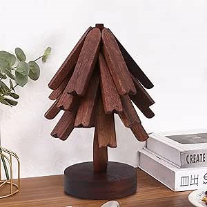 Wooden Trivets for Hot Dishes, Tree Coasters Set of 4, Christmas Trivet, Kitchen Accessories and Decor Tree Shape Trivet, Foldable Trivets for Kitchen Counter Hot Pots Pans Bowl Teapot (Brown 4PCS)