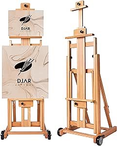 DJAR Large H-Frame Easel, Versatile Adjustable Beech Wood Studio Easel for Painting, Movable and Tilting Flat Heavy-Duty Floor Easel Stand for Artist, Hold 1 or 2 Canvases up to 78", Natural