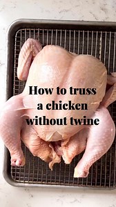 Emily Baird • Private Chef on Instagram: "No twine? No problem! Here’s an easy #kitchenhack. For a trussed chicken without string, pat it dry. Carefully cut pockets in the loose skin near the cavity opening with a pairing knife. Push each drumstick through the opening pocket on the opposite side. Tuck the wings under the back. Now your #chicken is ready for roasting! #kitchentips #roastchicken"