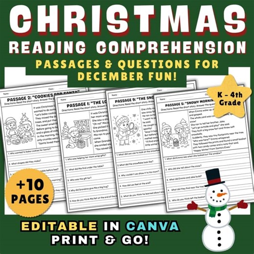 Editable Christmas Reading Comprehension Passages & Activities for December