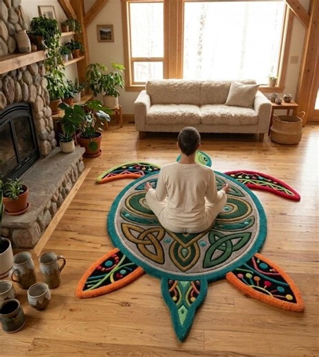 Celtic Turtle Shaped Rug | Multicolor Artistic Tufted Carpet | Statement Nature Design