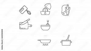 Animated kitchen utensils line icons. Cooking equipment animation. Homemade food. Culinary school. Cooking recipe. Loop HD video with alpha channel, transparent background. Outline motion graphic