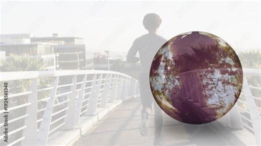 Man running bridge center globe appearing by runner, rotating, shattering, showing climate risk