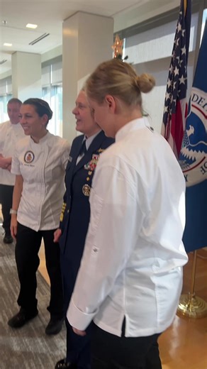 Eagle Command Chief and culinary team manager Nichole Billow and CS1 Haley Rose take a photo with the Commadant while preping out the hq holiday Coast Guard Culinary Specialists from units across the fleet came together, bringing their unique skills and expertise. They collaborated seamlessly, crafting an extraordinary holiday event hosted by the Coast Guard Commandant. Their teamwork and culinary artistry shone brightly, creating a memorable and festive occasion.A year of planning by the front 