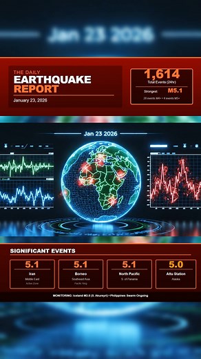 🌍 Daily Earthquake Report | Jan 23, 2026 🌍 1,614 earthquakes were recorded worldwide in the past 24 hours, including 28 magnitude 4s and 4 earthquakes at magnitude 5 or higher. The largest events topped out at M5.1, with stronger activity reported across Iran, Borneo, and the North Pacific south of Panama, plus a M5.0 near Attu Station, Alaska. Special mention today: a M3.0 earthquake in Iceland, south of Akureyri, in an area we’re watching closely. We’re also continuing to monitor the ongoing