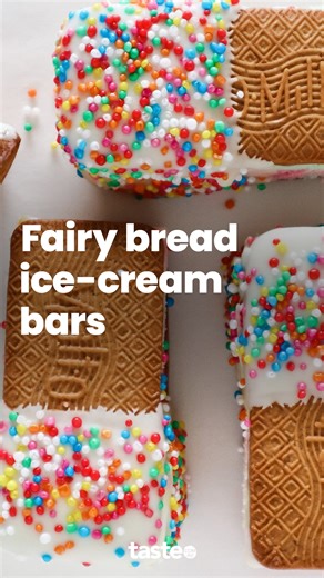 These easy 5-ingredient fairy bread ice-cream bars are the perfect dessert for adults. Sorry, we meant kids! For the recipe, Google 'Taste Fairy bread ice-cream bars'. ⁠⁣ | Taste.com.au