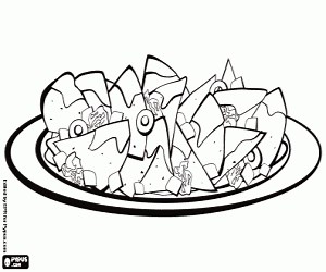 A plate of nachos with meat and cheese coloring page printable game