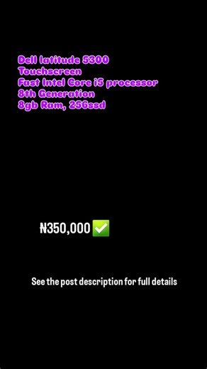 LUXURY DEAL ABLY GADGETS | BN: 8237132 on Instagram: "Here are the specifications of this Dell Latitude 5300: PACKAGE INCLUDE: FREE ORIGINAL CHARGER FREE WIRELESS MOUSE FREE LAPTOP BAG FREE INSTALLATION AND ACTIVATION OF MICROSOFT OFFICE SUITES --- AFTER-SALES SUPPORT: We stay with you even after the sale — because real service doesn’t stop at delivery ___ 🟣 MODEL Dell Latitude 5300 – 13.3″ TOUCHSCREEN 🟣 PROCESSOR Intel Core i5‑8365U (8th Generation) — Quad‑Core, 1.6 GHz base frequency, up to