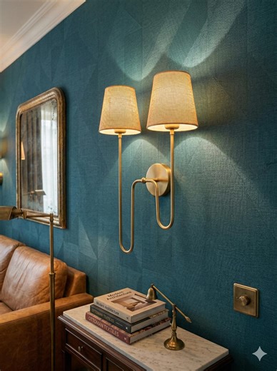 Brass Double Arm Wall Sconce, Mid Century Linen Lampshade, Gold Bedroom Light Fixture - Etsy