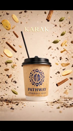 Pathway | on Instagram: "#pathway #promt #ai #teatime Ultra-realistic high-speed studio product photography of a takeaway kraft paper cup. The cup must remain 100% unchanged in: size shape position natural kraft paper color original PATHWAY logo, brand name, and phone number (no edits, no recoloring, no resizing, no repositioning) Enhance only sharpness, clarity, and cleanliness. CORE EFFECT (ASOSIY USLUB) Dynamic falling ingredients effect Ingredients are raining from above, frozen mid-air High