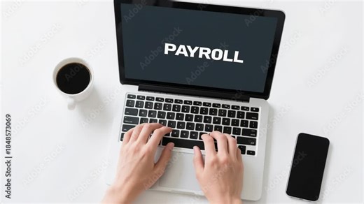 Payroll technology automation for online financial management enables employees to track salary efficiently using modern tools laptop and mobile devices within clean workspace