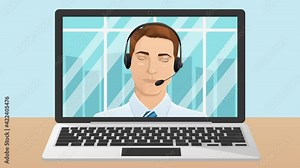 Cartoon animation of customer service employees conducting video conferences. A man appears on the laptop screen, behind him are office windows and the city in the background. Easy to edit loop.